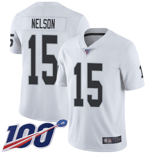 Men Oakland Raiders Limited White J  J  Nelson Road Jersey NFL Football #15 100th Season Vapor Jersey